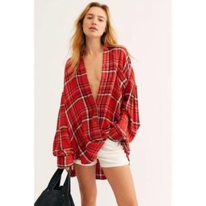 Free People Red Plaid Oversized Top
